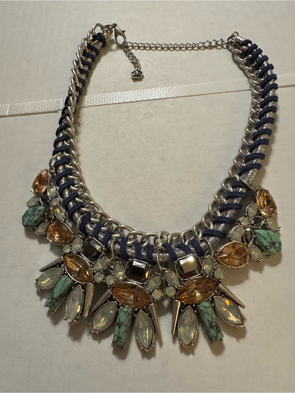 J. Crew Navy Rope Necklace with Turquoise and Champagne Stones